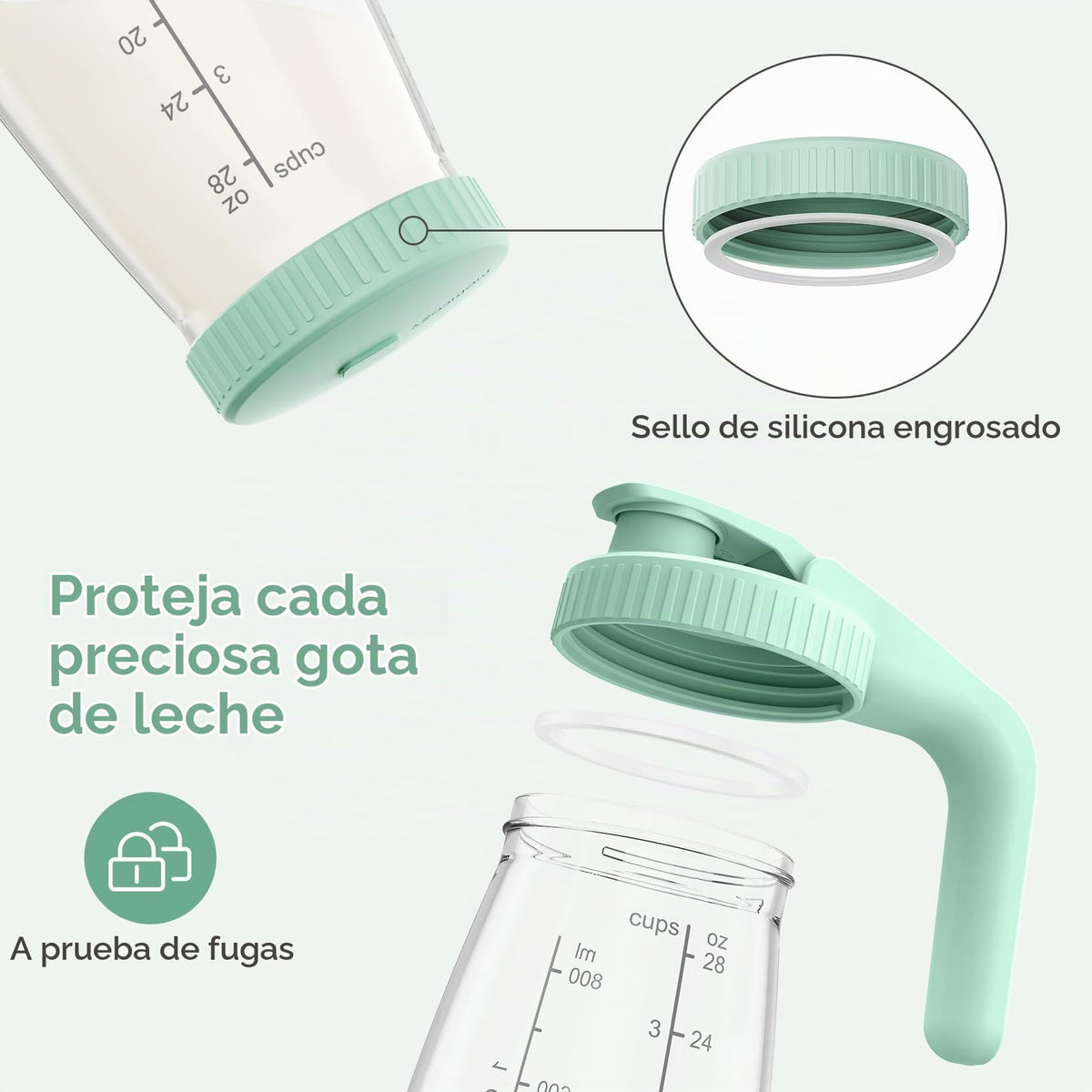 Momcozy Jarra de Vidrio para Leche Materna, Boca Ancha, Antiderrames, Resistente al Calor y al Frío, con Tapa Plana y Tapa con Asa, 2 Piezas de 32 oz (64 oz Totales)