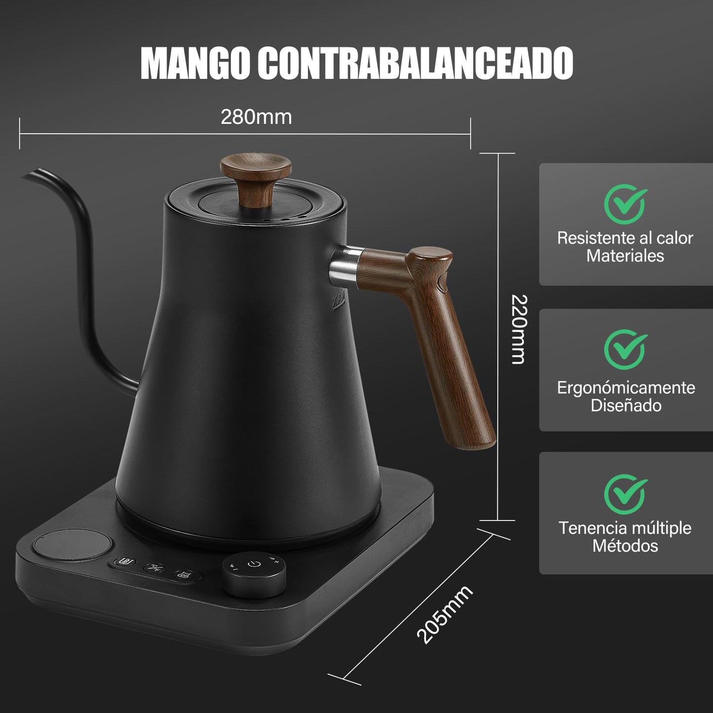 Hervidor Eléctrico de Cuello de Cisne de 1 L, Control de Temperatura Preciso de 1°C, Interior de Acero Inoxidable, 1200 W, Adecuado para la Preparación de Café Profesional., Negro Mate