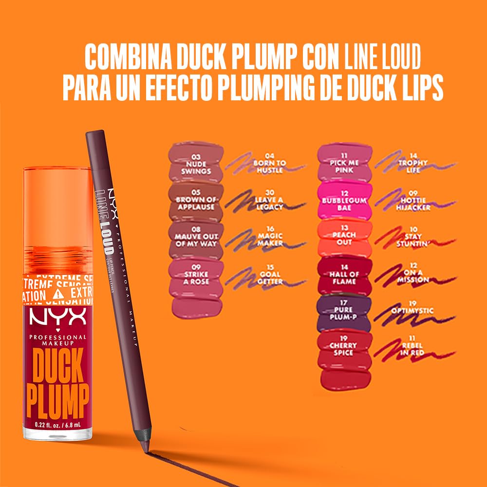 NYX Professional Makeup, Duck Plump, 7ml. Tono: Bubblegum Bae (rosa). Brillo labial voluminizador con efecto plumping para un volumen instantáneo. Gloss infusionado con jengibre picante para un volumen visible y de larga duración. Fórmula vegana.