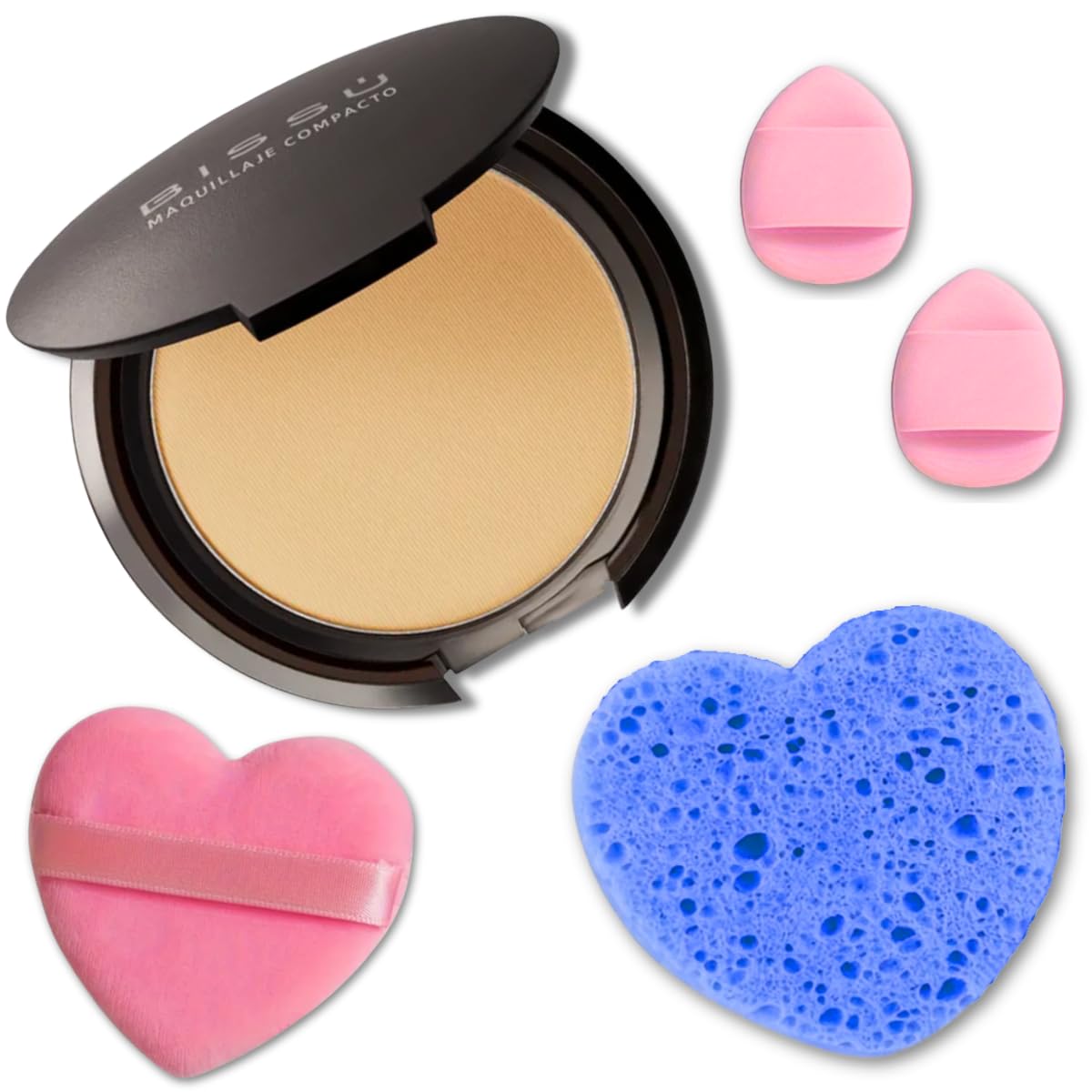 Kit de maquillaje y exfoliación – Polvo compacto Bissú + 1 Almohadilla de terciopelo mediano + 2 Almohadillas de dedos + 1 esponja exfoliante facial (08 Wheat)