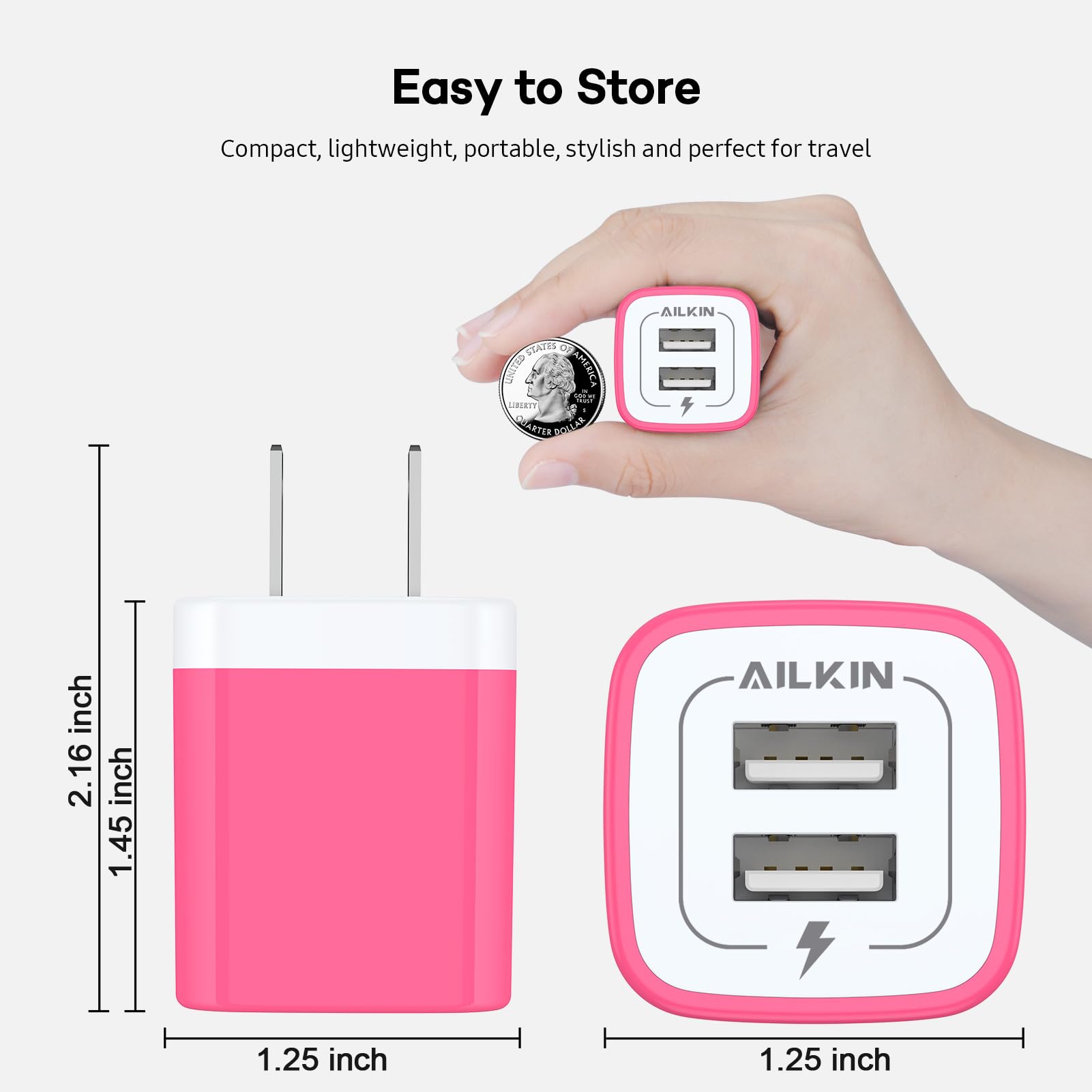 Cargador de pared USB, Ailkin 2-Pack 2.1A universal de alta velocidad adaptador de viaje para iPhone 7/7 Plus, iPhone 6/6plus, Samsung Galaxy S7/S6, Sony, Motorola, HTC, LG Android Tablets y más, 06-Rose