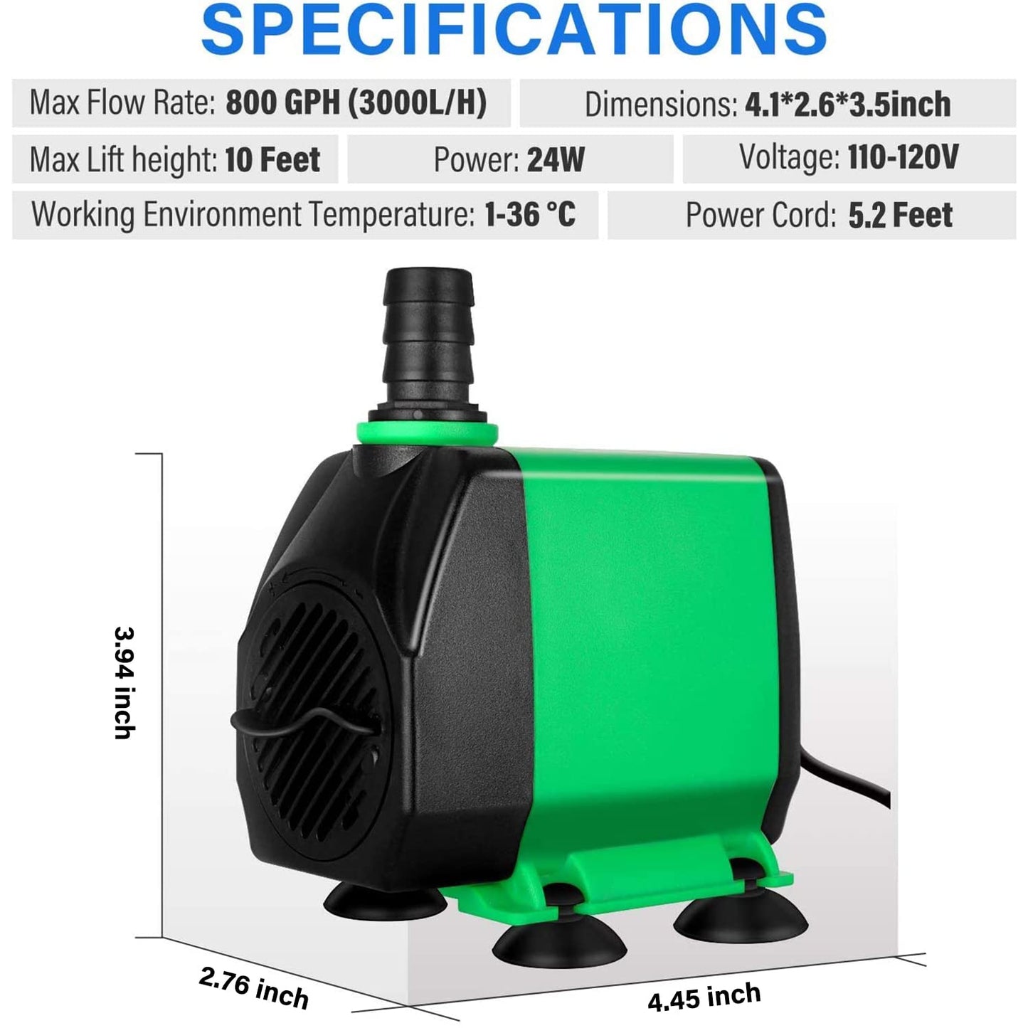 Bomba Sumergible Simple Deluxe Verde de 10 Pies 800GPH 24W con 3 Boquillas