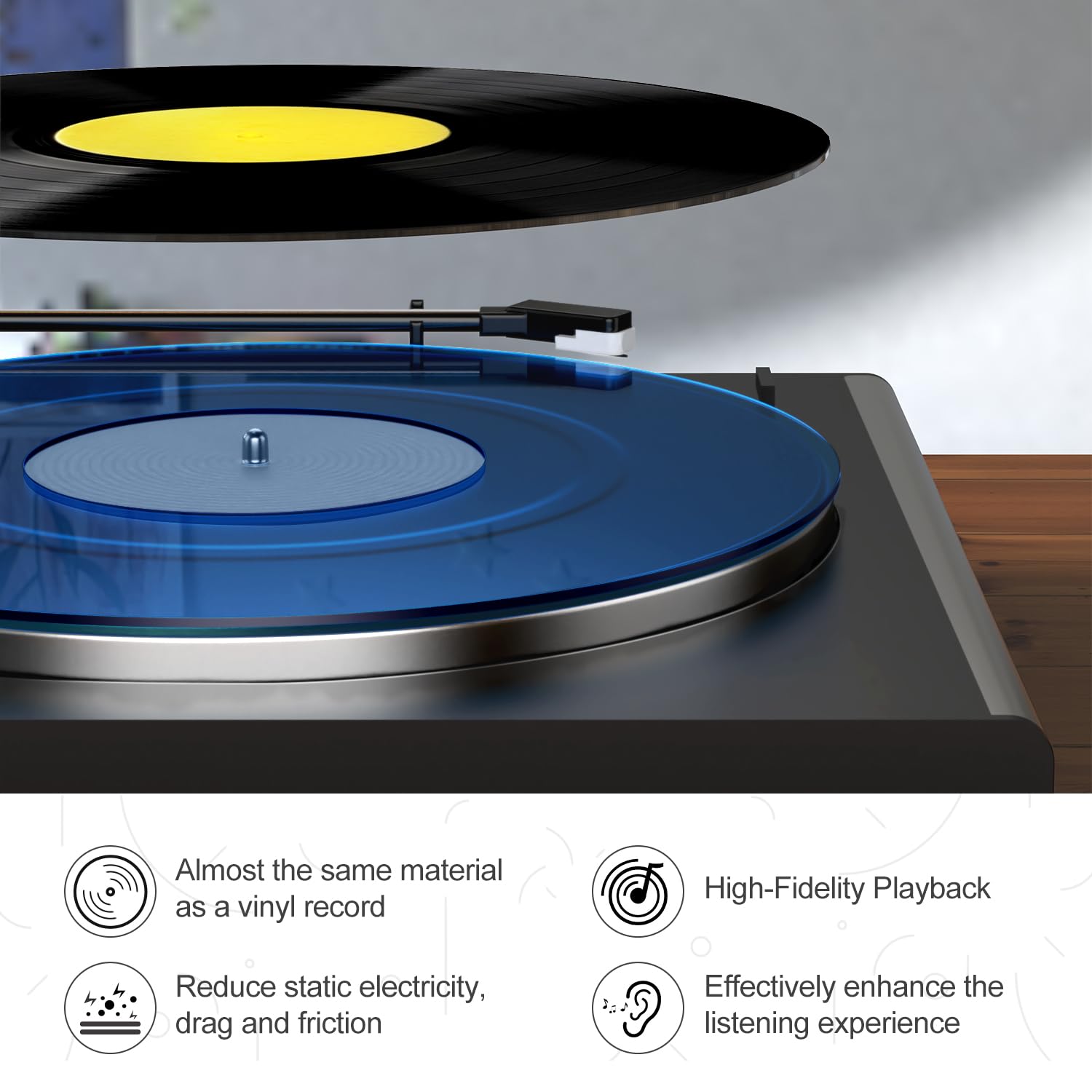 Tapete para Tocadiscos Acrílico Azul Antideslizante y Antiestático para Vinilo