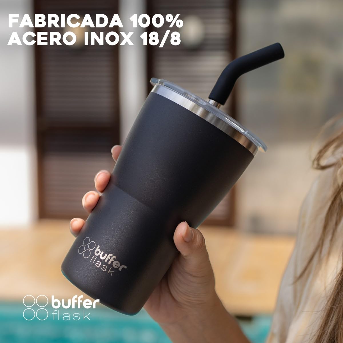 Buffer Flask - Vaso Térmico 420 ml - Termo para Café y Agua de Acero Inoxidable - Tapa Anti Derrame y Fugas - Taza Tumbler Mug para Bebidas Frías y Calientes - Incluye Popote - Color Negro