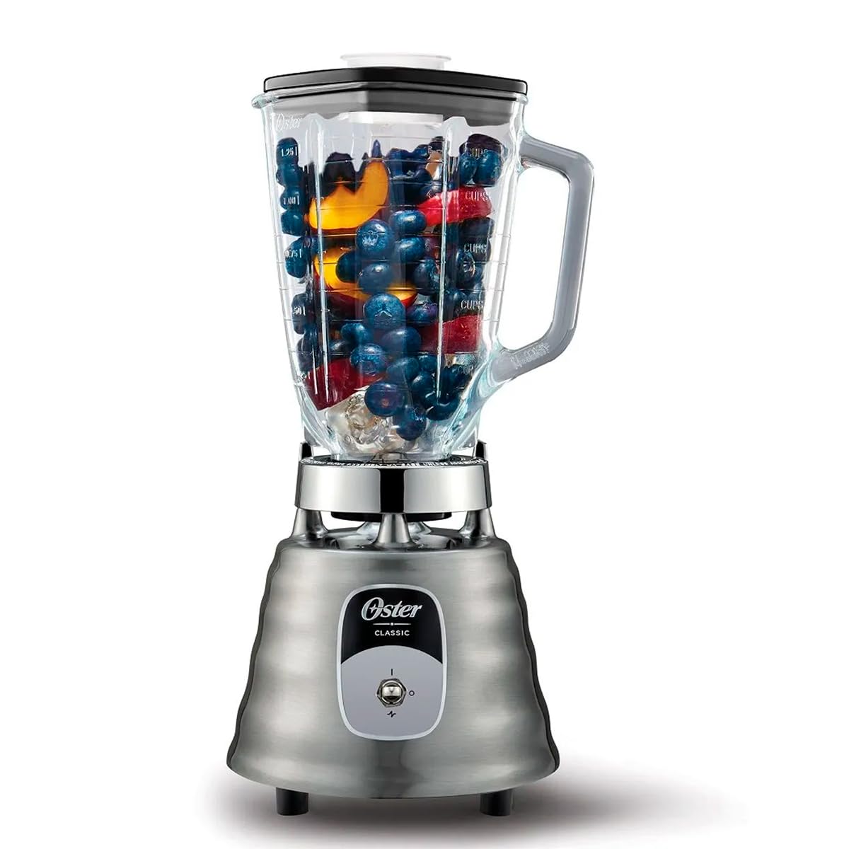 Licuadora Clásica Oster Plateada con Vaso de Vidrio 1.25 L y Cuchilla Trituradora de Hielo