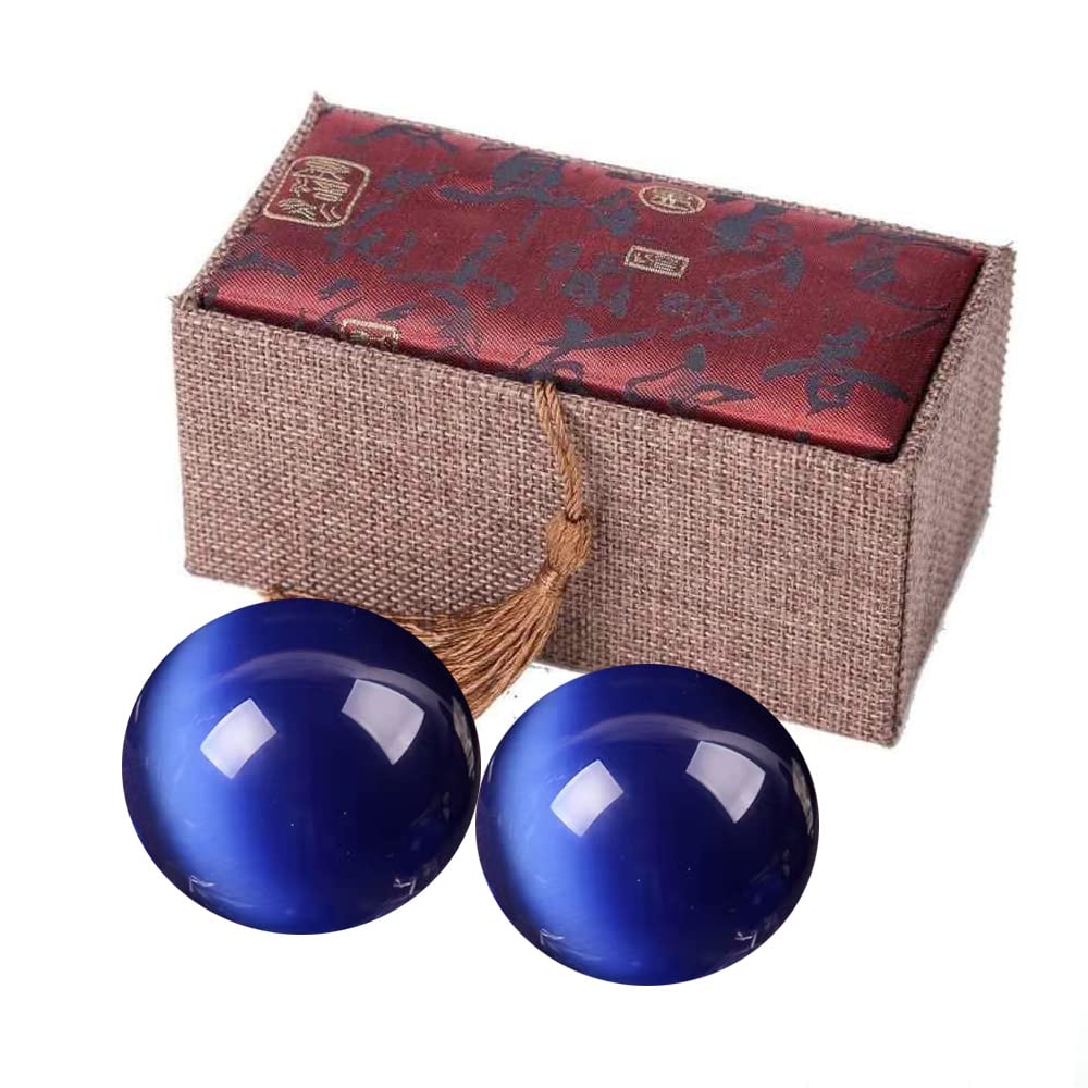 Bolas artificiales de vidrio de ojo de tigre de gato azul real de 1.5 pulgadas, bolas de salud chinas de cuarzo curativo para terapia de manos, alivio del estrés y ejercicio de dedo y muñeca con bolsa de transporte (embalada en caja) M42