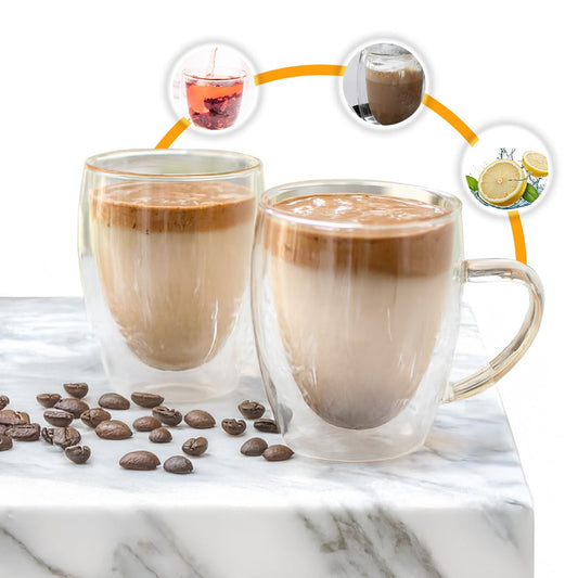 Juego de Tazas de Vidrio Termico Borosilicato para Cafe Espresso o Te con Asa Set de 2 Piezas Doble Fondo 12 Onzas