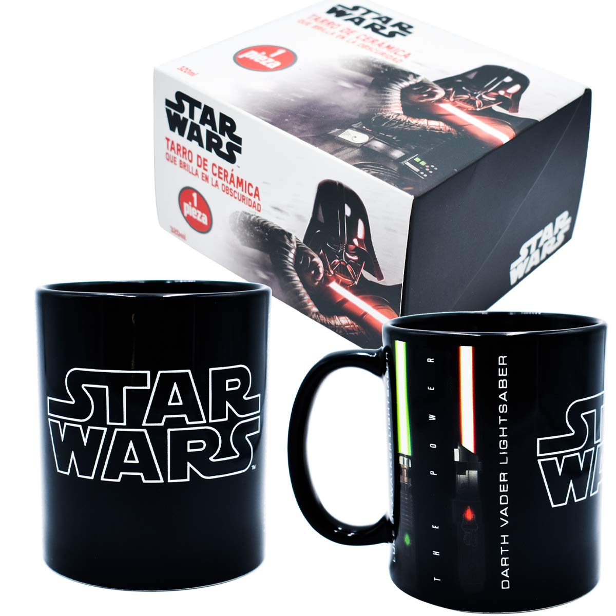 Fun Kids 1738-99 Tarro de Cerámica que brilla en la Obscuridad Star Wars- Darth Vader Luke Skywalker de Cerámica 320 mililitros Altura 11 cm x Diámetro de la boca 8 cm 1 Taza Negra