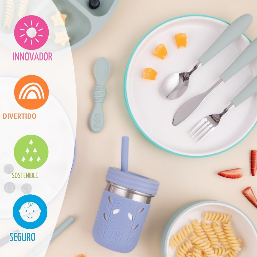 Elk and Friends Kids - Platos blancos de porcelana de 7.8 pulgadas con mangas de silicona, adecuados para bebés/niños pequeños, aptos para microondas y lavaplatos, vajilla antideslizante, platos de