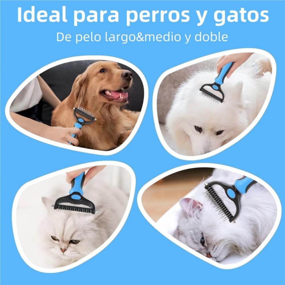 EDECOR Cepillo para Perros y Gatos, 2 en 1 Deslanador para Perro, Cepillo para Mascotas Quita Pelo, Peine Rastrillo para Perros para Eliminar Nudos y Enredos, Peine para Perros y Gatos de Pelo Corto o Largo (Azul)