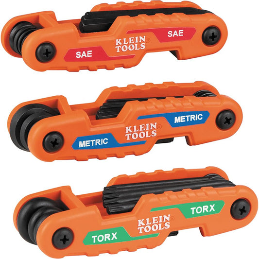 Klein Tools 70553 Juego de llaves hexagonales plegables Pro de 3 piezas, métricas, SAE, tamaños Torx, 31 llaves, acero aleado tratado térmicamente de fuerza industrial