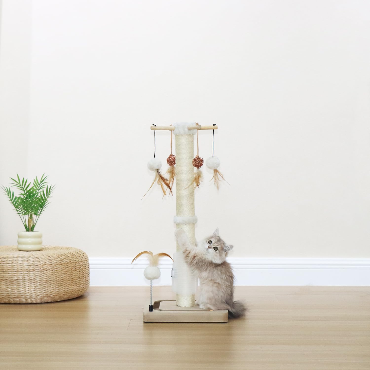 Poste Rascador para Gatos PEEKAB Beige con Bola de Pista y Juguetes para Gatitos de Interior