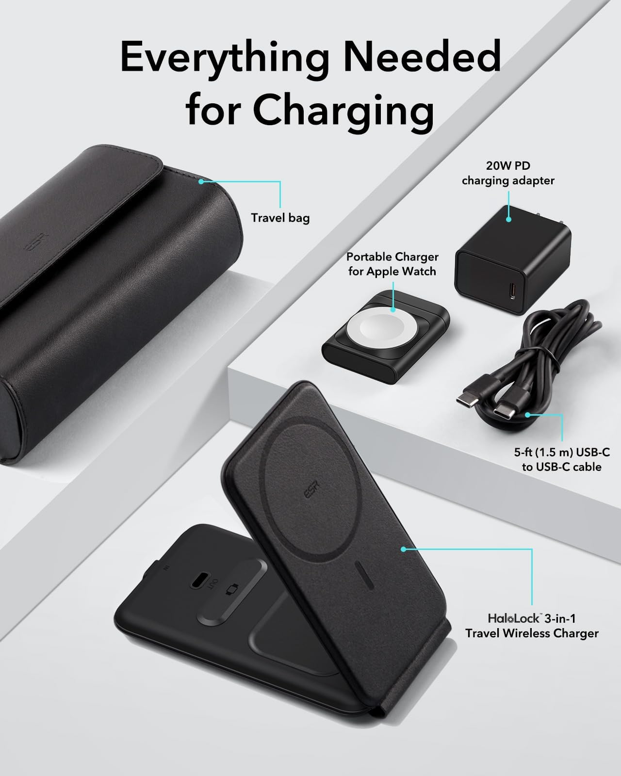 ESR - Cargador 3 en 1 para Magsafe, Soporte de Cargador de Viaje para Magsafe, Fabricado para Apple Watch Certificado, estación de Carga Plegable Compatible con Magsafe y iPhone 15/14/13/12, AirPods