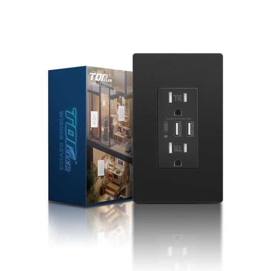 TOPELER Toma de Corriente de Pared USB C Negra, 30W 6.0 Amperios Toma Eléctrica de Carga de Alta Velocidad con 3 Puertos USB (1*Tipo C y 2*Tipo A), Receptáculo Resistente a Manipulaciones de 15A