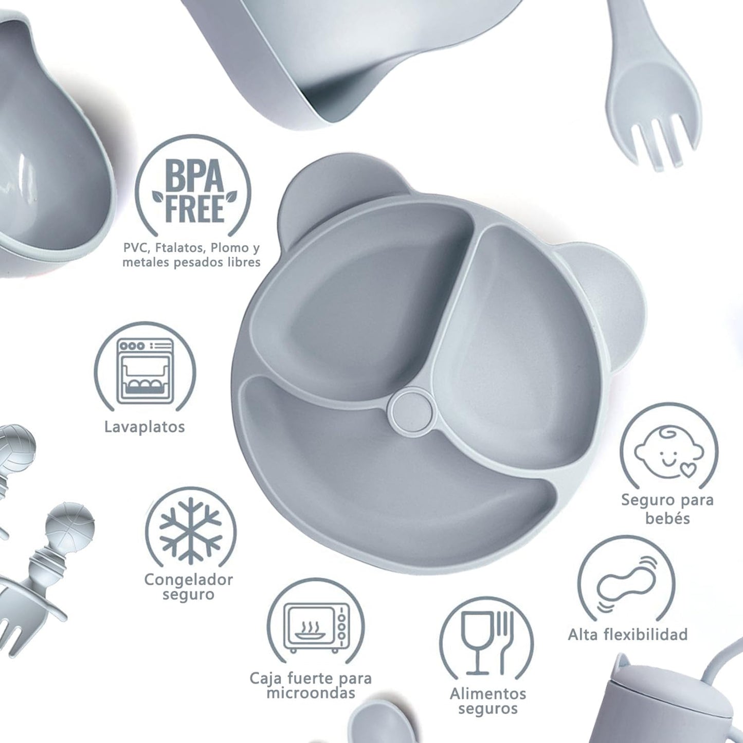 ALIYU Platos para Bebe Silicon 8PCS, Kit Alimentación Complementaria Bebe, Plato para bebe con ventosa, Baberos de silicona para bebe, Sin BPA, Fácil de limpiar, Vajilla bebe silicona (Gris)