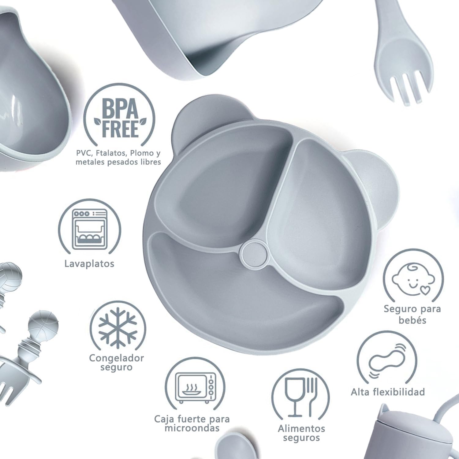 ALIYU Platos para Bebe Silicon 8PCS, Kit Alimentación Complementaria Bebe, Plato para bebe con ventosa, Baberos de silicona para bebe, Sin BPA, Fácil de limpiar, Vajilla bebe silicona (Gris)