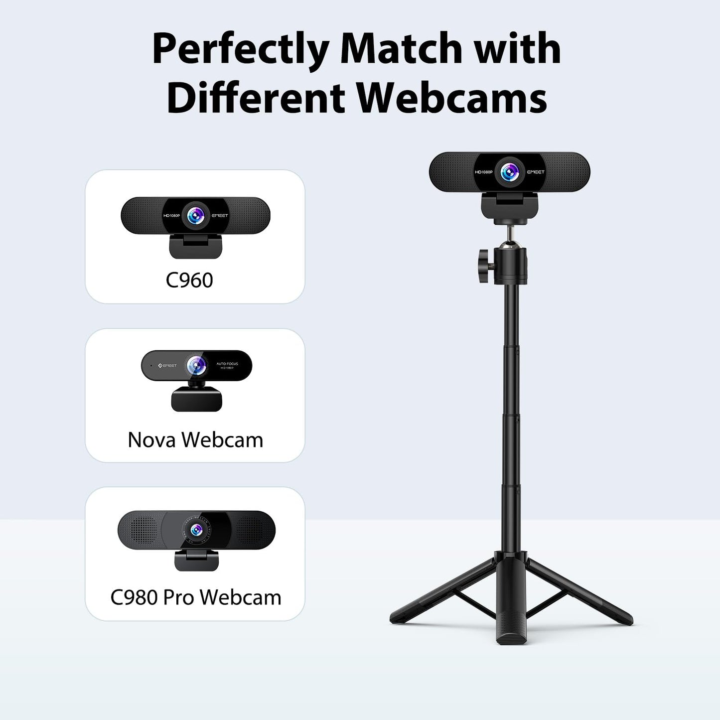 Trípode EMEET Negro Altura Ajustable con Cabezal Giratorio 360° para Cámara Web y Teléfonos