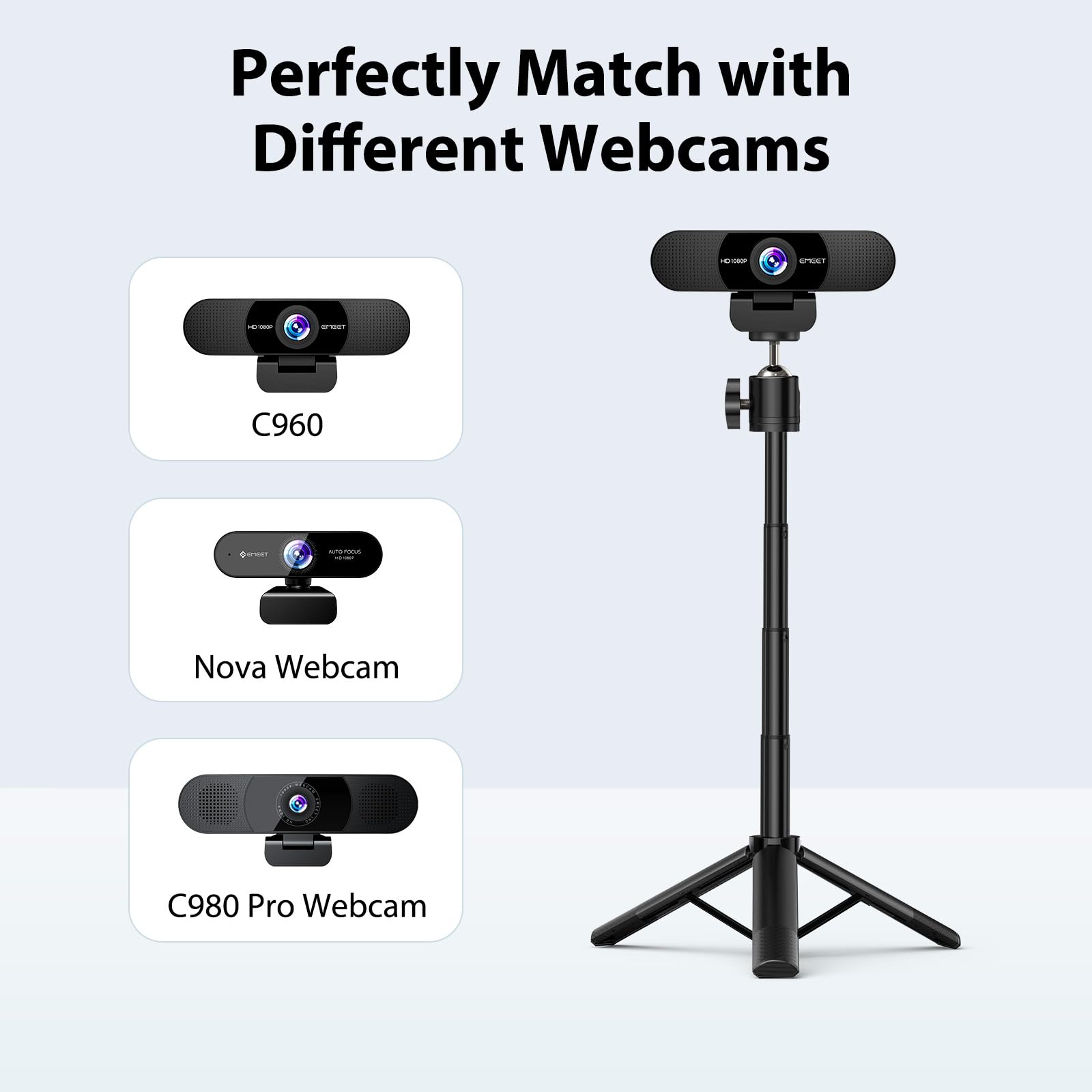 Trípode EMEET Negro Altura Ajustable con Cabezal Giratorio 360° para Cámara Web y Teléfonos