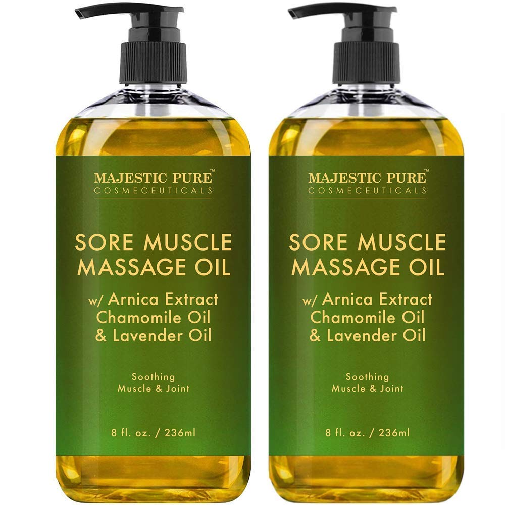 MAJESTIC PURE Aceite de masaje muscular de árnica para el cuerpo, el mejor aceite de terapia natural con aceites esenciales de lavanda y manzanilla, calentamiento, relajación, masajea las articulaciones y los músculos, 8 onzas, juego de 2