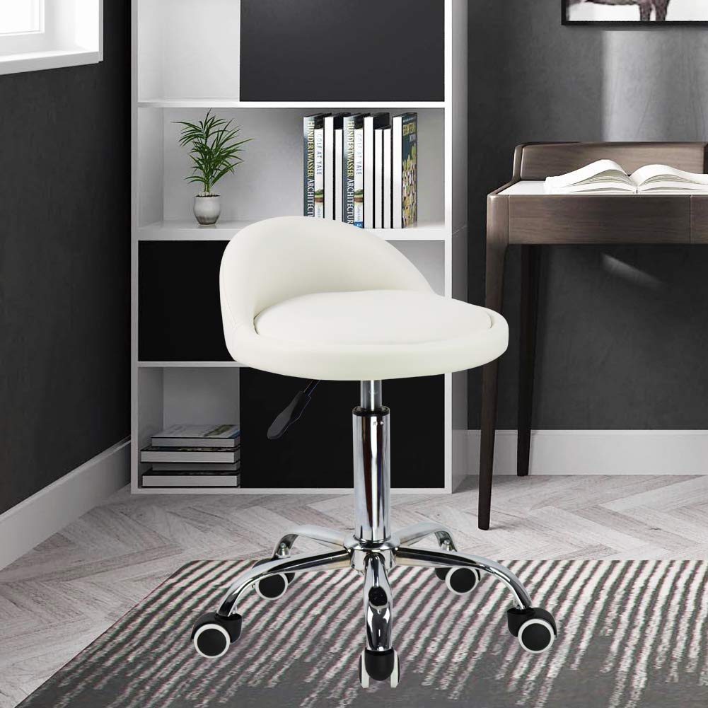 KKTONER Taburetes Giratorios con Respaldo Bajo Taburetes Redondos Rodantes Silla Taburete Blanco con Ruedas para el Hogar Salón Facial SPA Masaje Tatuajes Trabajo