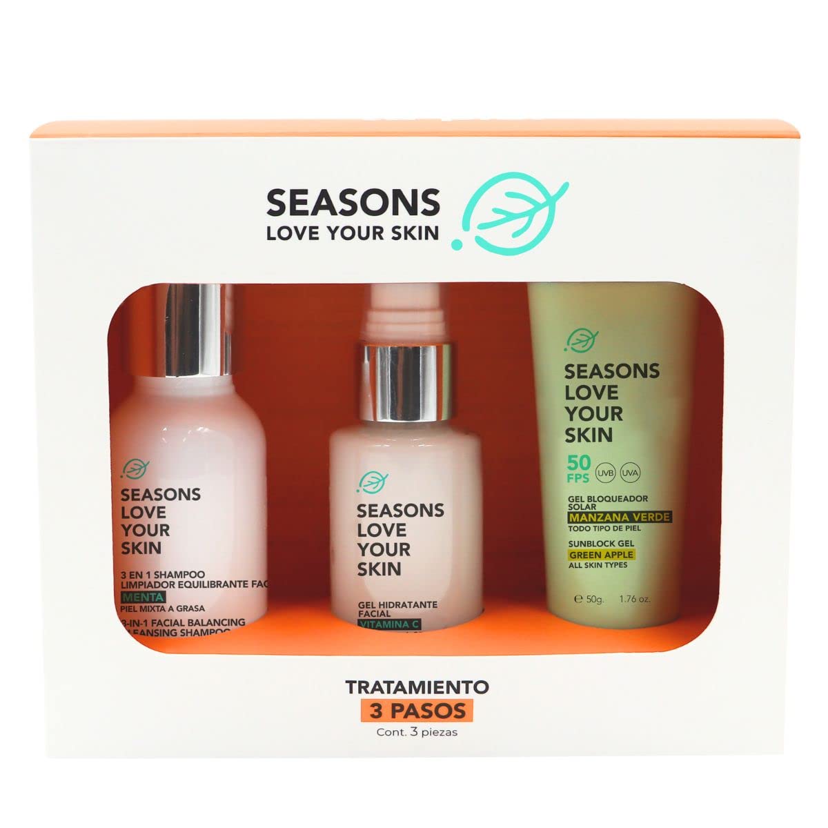 Kit Rutina Facial Skincare 3 Pasos Tratamiento Básico | Limpiador Facial Menta + Hidratante Vitamina C + Bloqueador Solar FPS50 Manzana