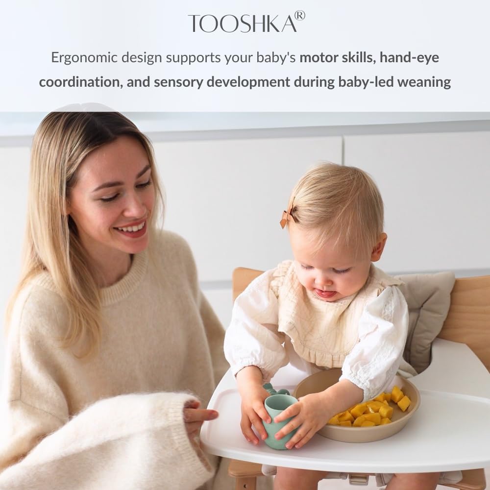 Tooshka - Juego de utensilios para bebés y tazas pequeñas, fácil alimentación para niños pequeños de 6 meses de edad, cubiertos de silicona sin BPA, esencial para destete LED para bebés (rosa sucia)