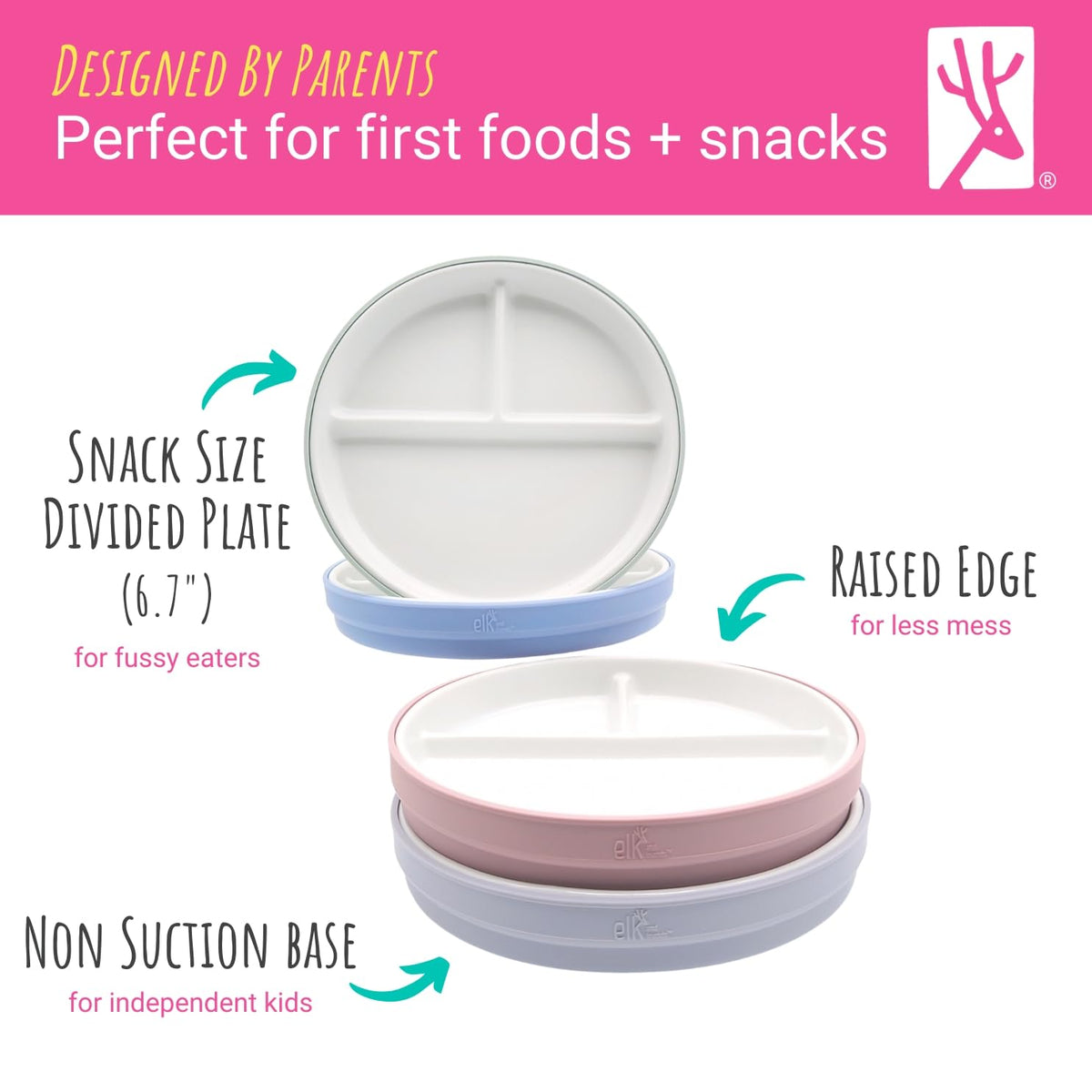 Elk and Friends - Platos con secciones divididas de porcelana de 17 cm, con fundas de silicona, para bebés y niños, aptos para microondas y lavavajillas, antideslizantes, para aperitivos