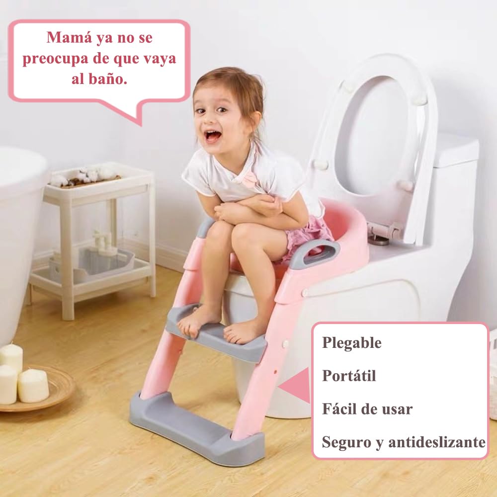 Jiula Asiento Entrenador para Baño con Escalera Antideslizante, Baño Entrenador Niño, Plegable Escalera para Baño Niños, Fácil de Guardar, Asiento Ergonómico, Edad de 3 a 10 Años, Tapizado, Rosa