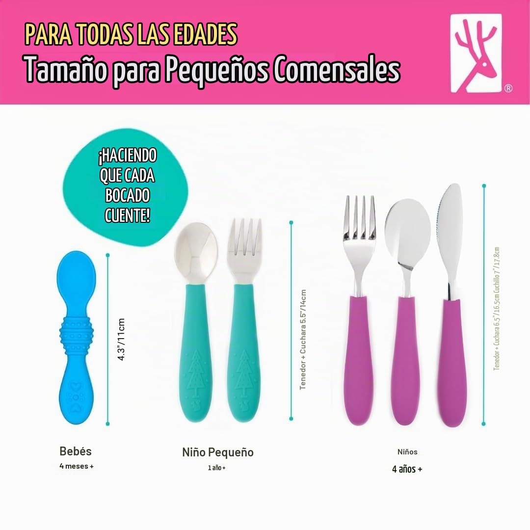 Elk and Friends - Cubiertos seguros para niños | Set de 6 piezas de acero inoxidable con mango de silicona | Cubiertos para niños pequeños | Cucharas de bebé + tenedores