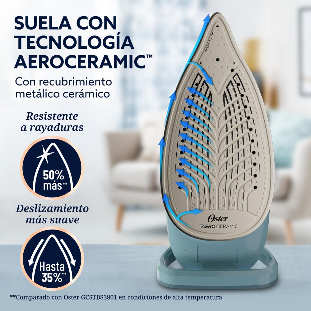 Oster Plancha de Vapor, AeroGlide Plus S7400, con Golpe de Vapor 200 g/min, Recubrimiento Metálico Cerámico, Suela con más Cobertura, Tecnología Aeroceramic, Antigoteo, Verde Claro, GCSTAC7402-013