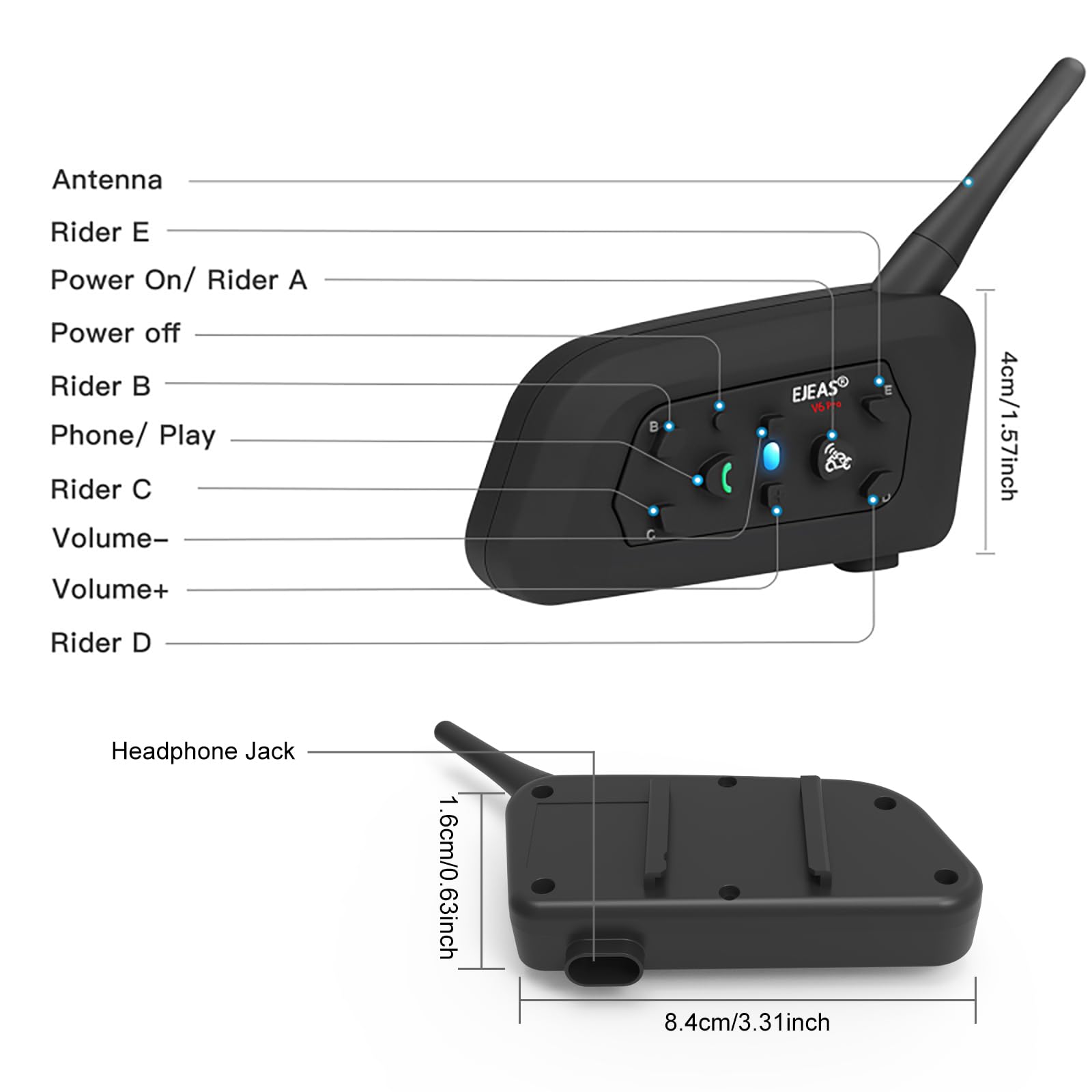 EJEAS V6C Intercomunicador Bluetooth para Árbitros de Fútbol, 1200M con Auricular y Brazalete Negro, Bluetooth 5.1, 1 Pack