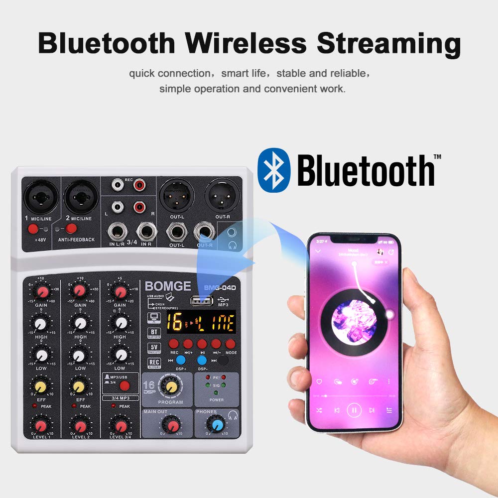 BOMGE 04D portátil Bluetooth 4 canales DJ mezclador de sonido de audio con interfaz USB, entrada de alimentación Phantom de 48 V, 16 efectos de eco para grabación, transmisión en vivo, canto (negro)