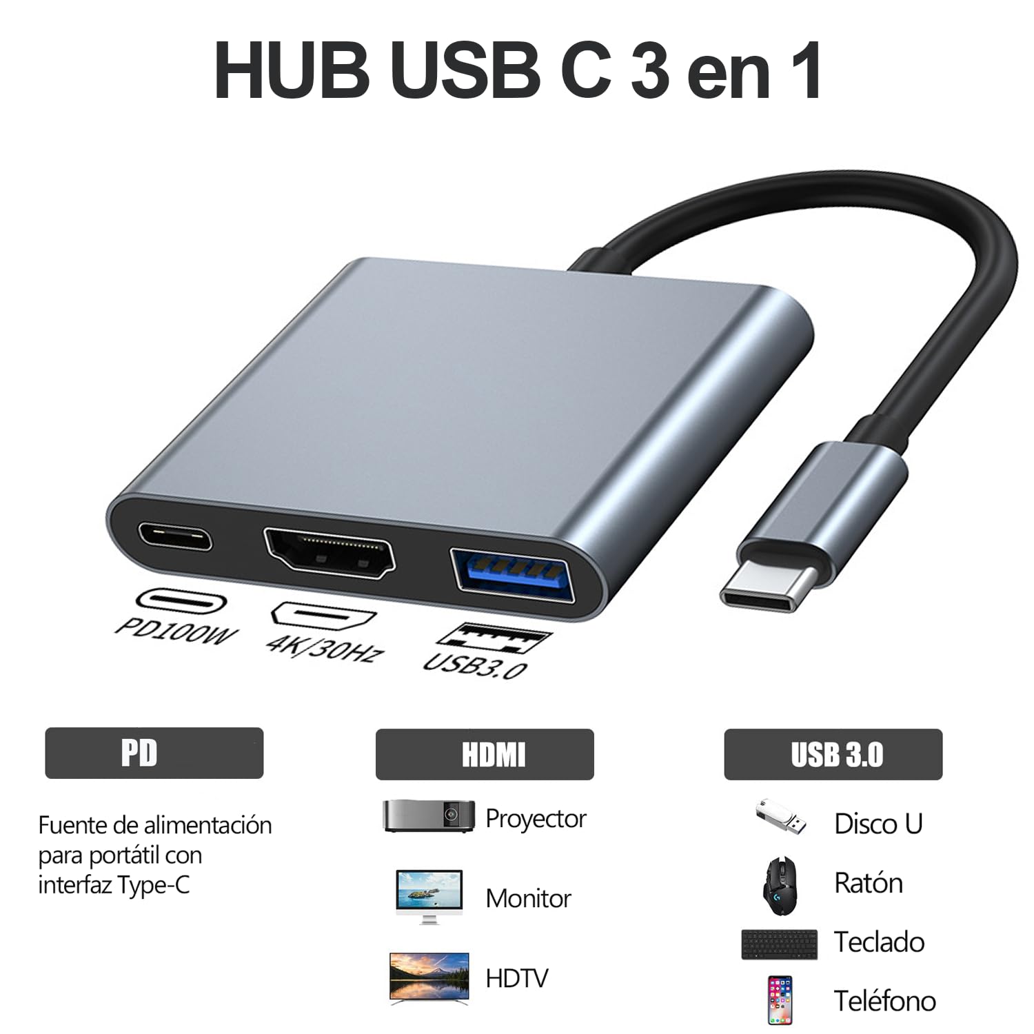 Adaptador USB C a HDMI 3 en 1 para MacBook Air Plata Compatible con Dispositivos Tipo C