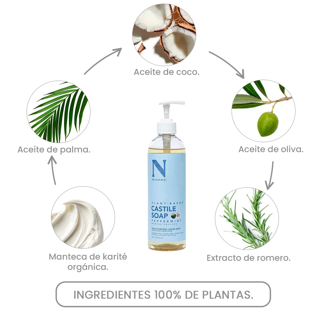 Dr. Natural Jabón de Castilla Líquido para Cuerpo | Natural, Orgánico, Sin Sulfatos y Parabenos | Shampoo y Jabon Facial | Hecho de Plantas, Aceite de Oliva, Coco y Palma, Manteca de Karité y Romero (Hierbabuena)