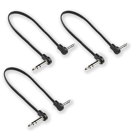 M MAKA Cable de conexión plano para guitarra estéreo de perfil bajo de 20 pulgadas para pedales de efectos, ángulo recto TRS de 1/4 pulgadas, negro, paquete de 3