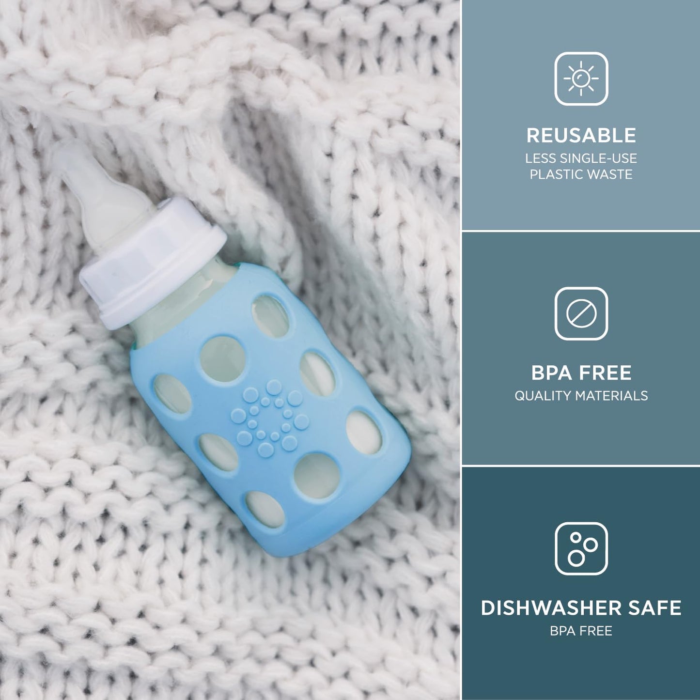Lifefactory Biberón de vidrio de 4 onzas con funda protectora de silicona y pezón etapa 1, azul cielo