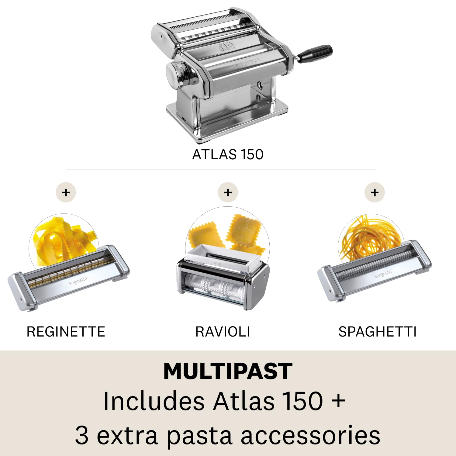 MARCATO Made in Italy Multipast Juego de 4 piezas para hacer pasta Incluye máquina de pasta clásica Atlas 150 + raviolis + espaguetis + reginette)