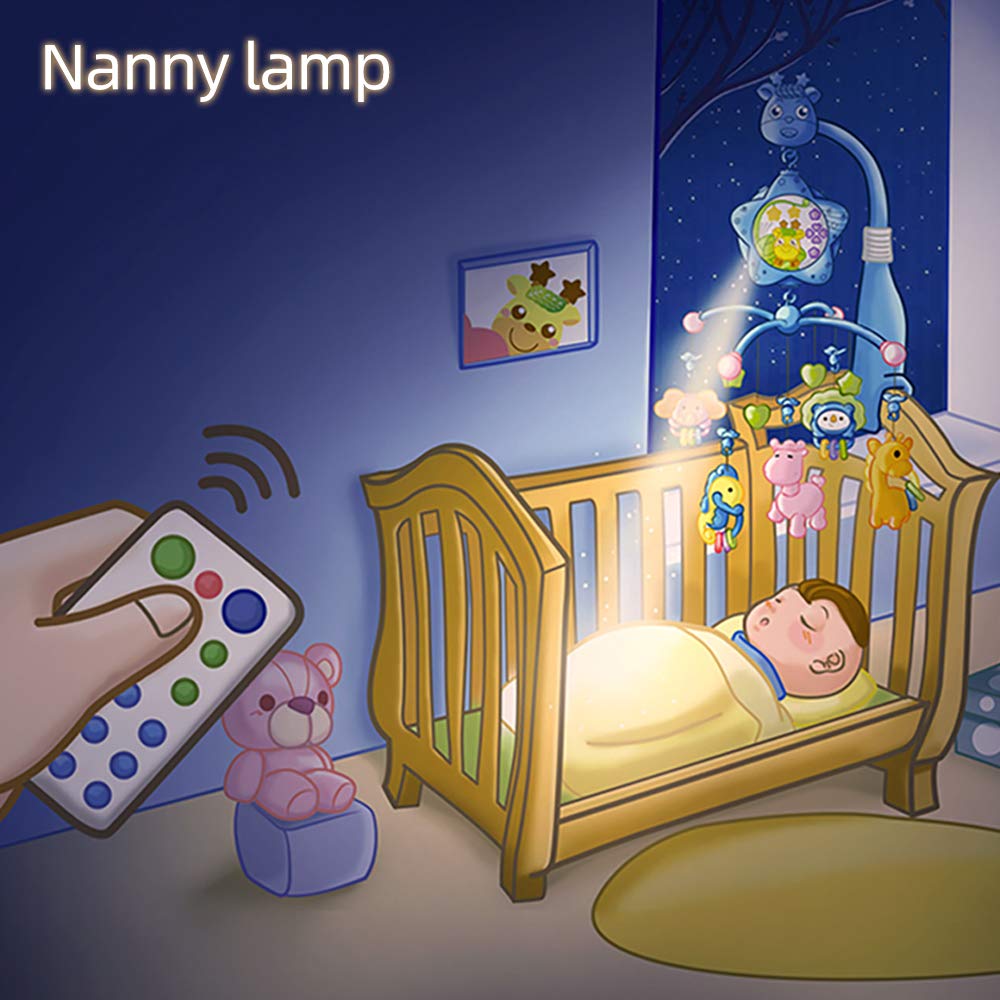 Baby Mobile for Crib, Baby Plush Crib Mobile with Lights and Music,Remote,Toys, Holder,Projector for Pack and Play (Blue) (Blue-Forest)