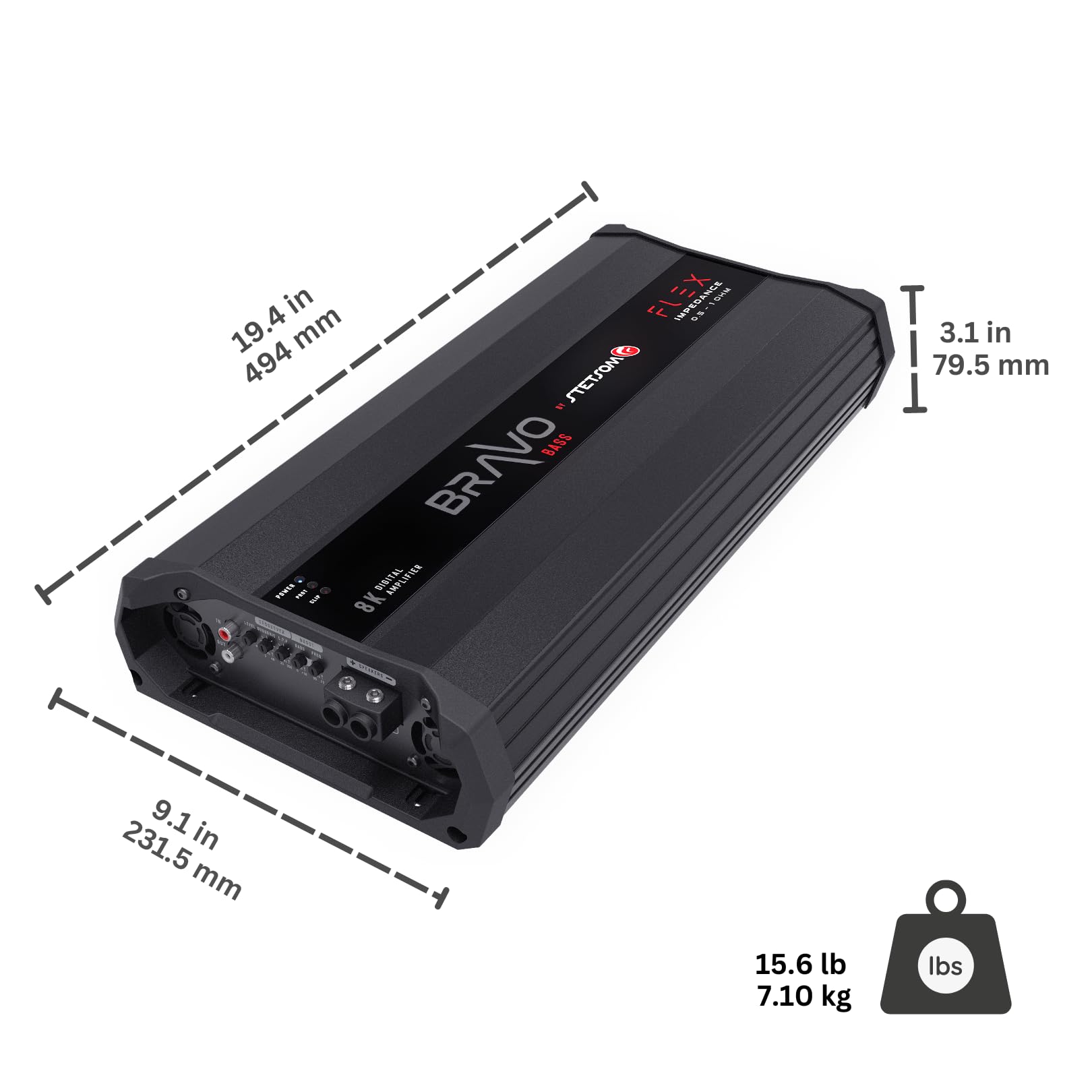 Amplificador de Audio Clase D Stetsom Bravo BASS Flex 8000 Vatios para Coche con Sistema de Impedancia Automática Monobloque Subwoofers
