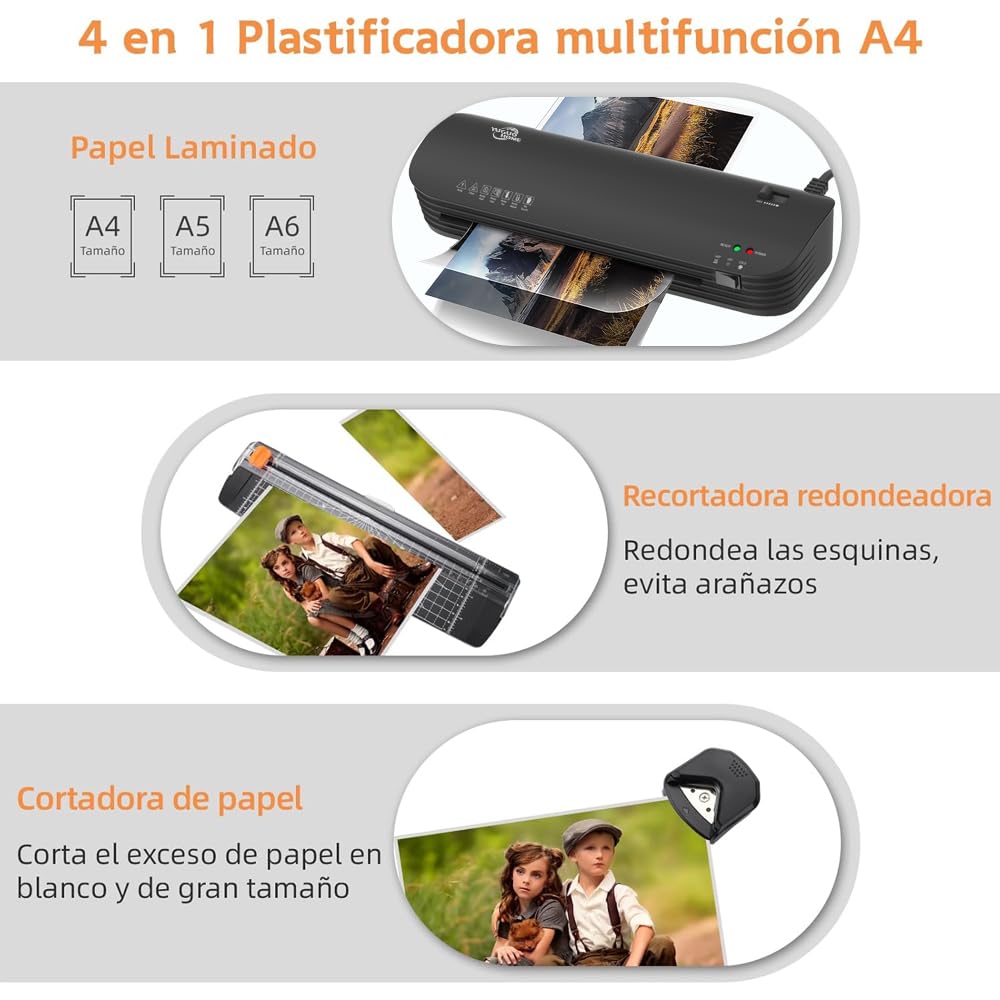 Laminadora Enmicadora Térmica+Cortador de Papel+300 Hojas Laminadoras,6 en 1 Laminador Térmico Personal con Recortadora de Papel y Redondeadora de Esquinas para Casa y Oficina