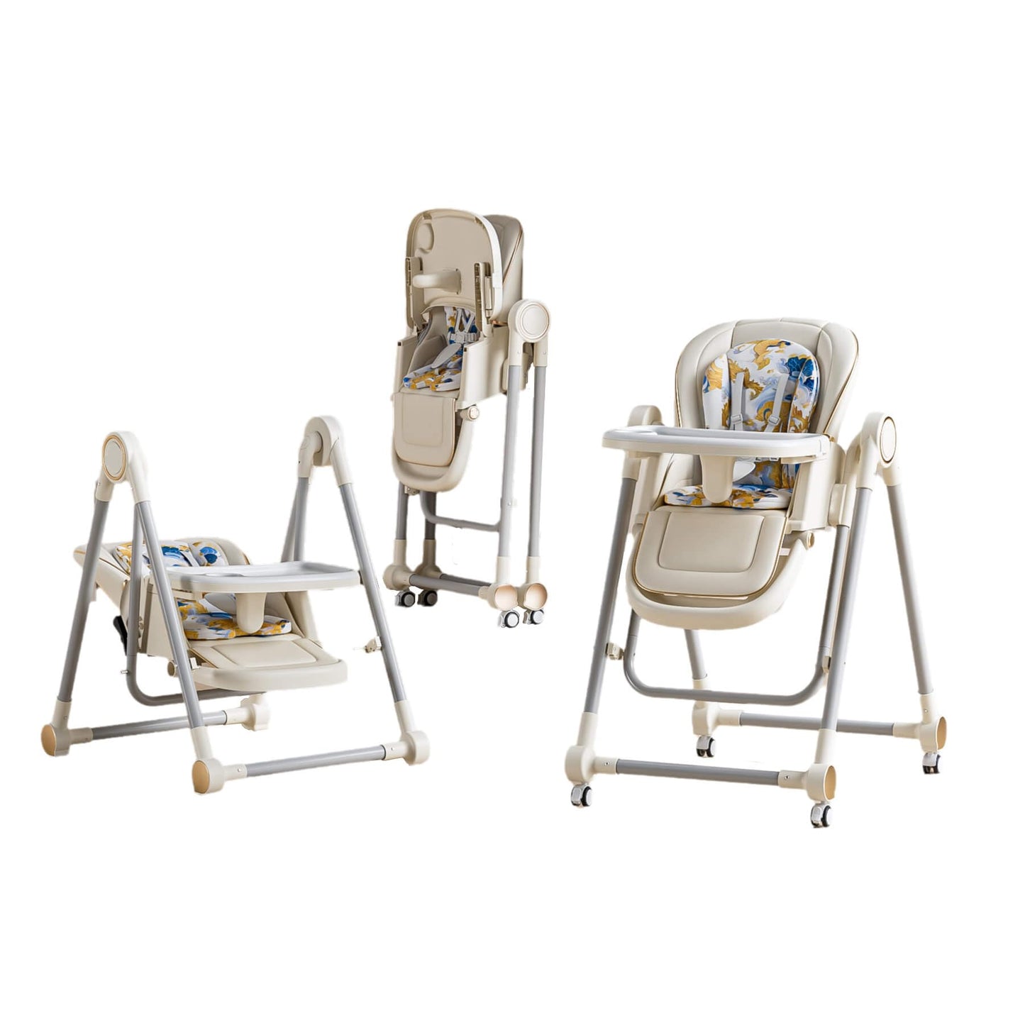 Silla alta multifuncional para bebé, plegable, ajuste de altura de 8 niveles, respetuoso con el medio ambiente, lavable, cojín de poliuretano, silla de alimentación para bebés (blanco)