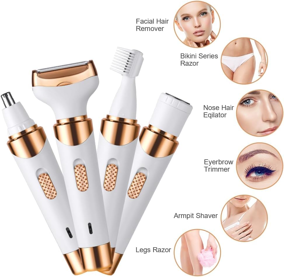Depiladora Electrica Mujer,Rasuradora Mujer, Portátil Sin Dolor 4 En 1 Navaja De Afeitar Para Mujeres, USB Recargable，Afeitadora femenina sin dolor para el vello facial, cejas, axilas y zona del bikini. (oro1)