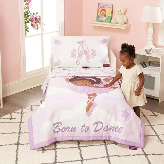 EVERYDAY KIDS - Juego de ropa de cama de 4 piezas para niños, bailarina afroamericana, incluye edredón, sábana encimera, sábana bajera ajustable y funda de almohada reversible, ropa de cama para niñas