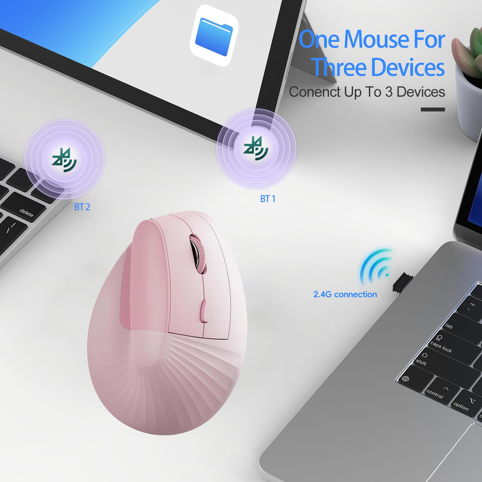 Mouse Vertical zienstar Rosa Ergonómico Inalámbrico Recargable Modo Dual Clic Silencioso