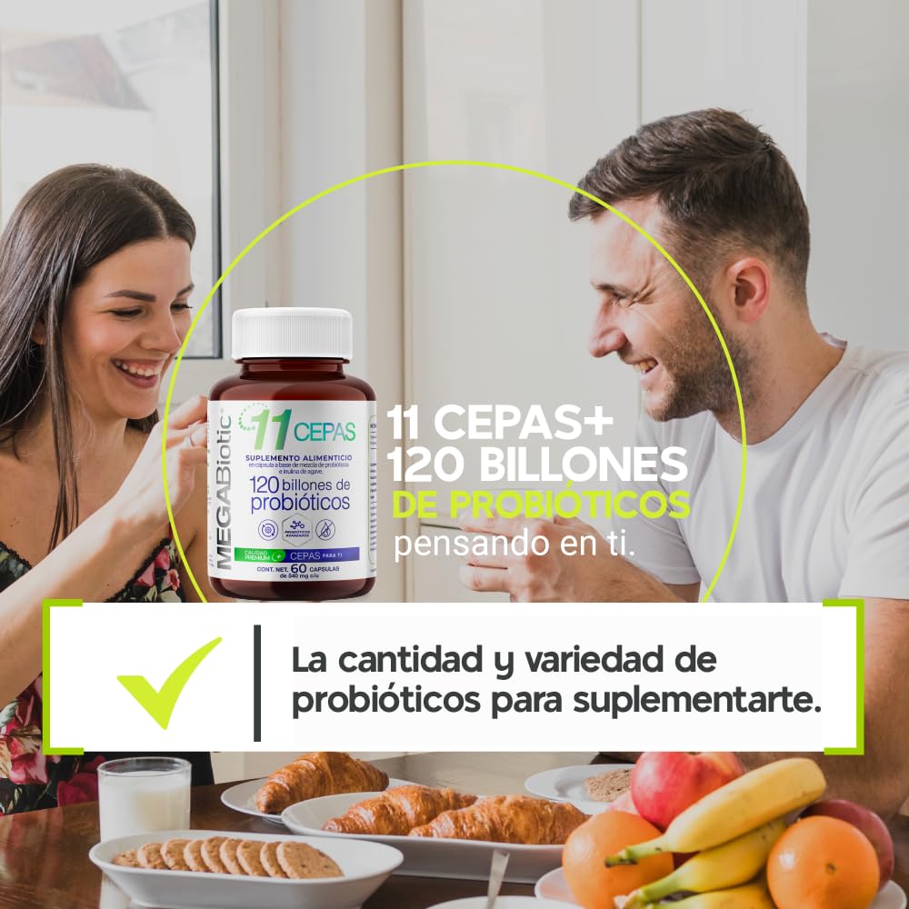 Suplemento Alimenticio MegaBiotic con Probióticos y Prebióticos 120 Billones 11 Cepas e Inulina de Agave