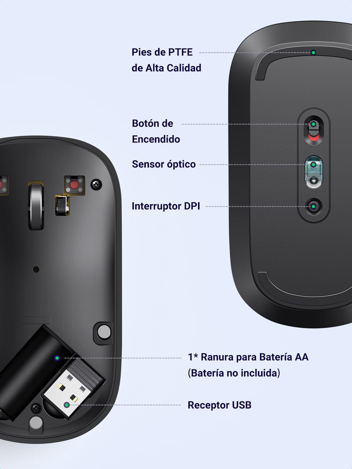 Ratón Inalámbrico UGREEN Negro Ultrafino Silencioso 4 Niveles dpi Ajustables