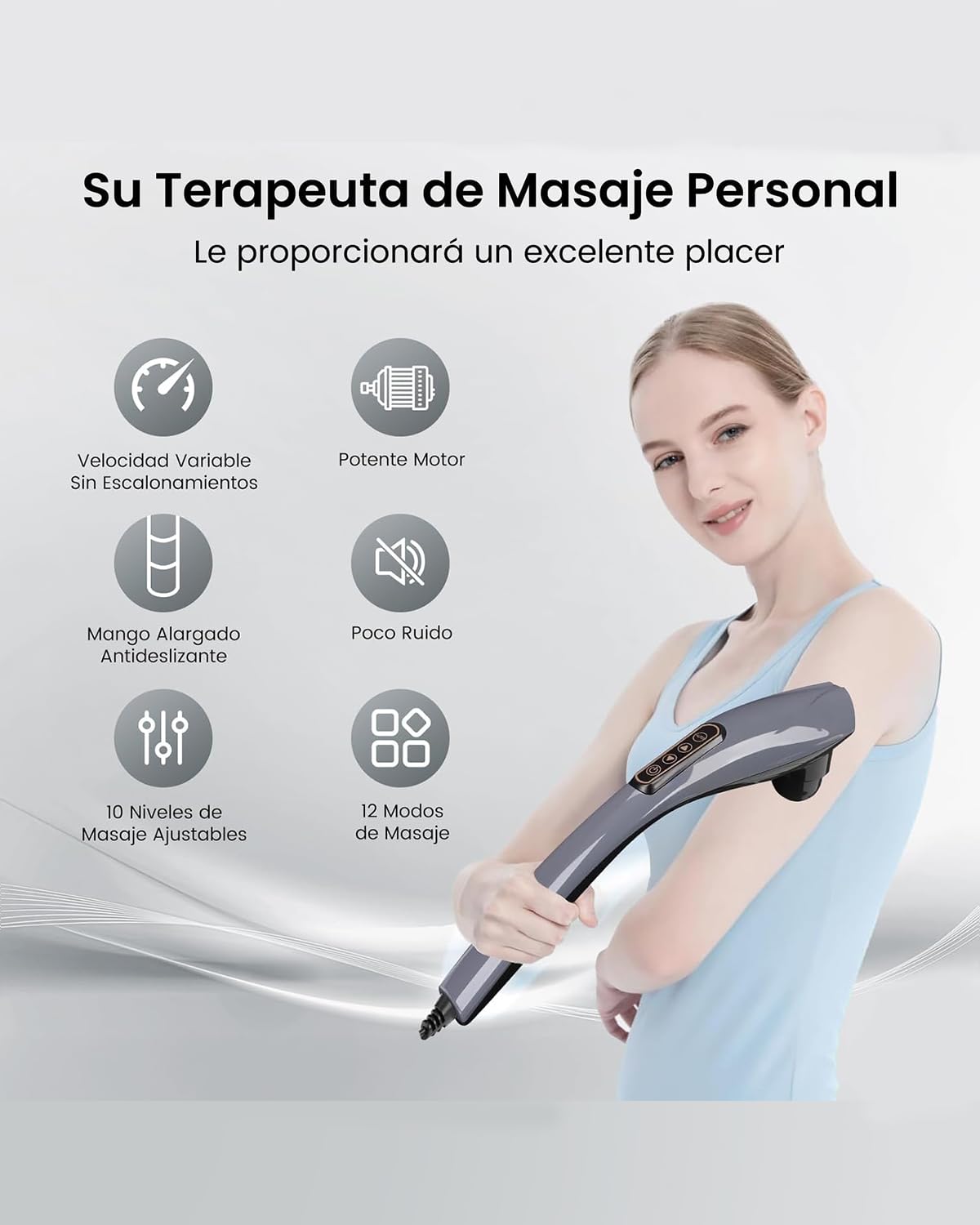 Masajeador de Espalda, Masajeador de Percusión de Tejido Profundo con 6 Cabezales De Masaje 10 Intensidad &12 Modos, Multifuncional Masajeador Muscular, para Cuello, Pierna, Pie, Hombro,Abdomen, Brazo, Función De Calefacción(Gris)