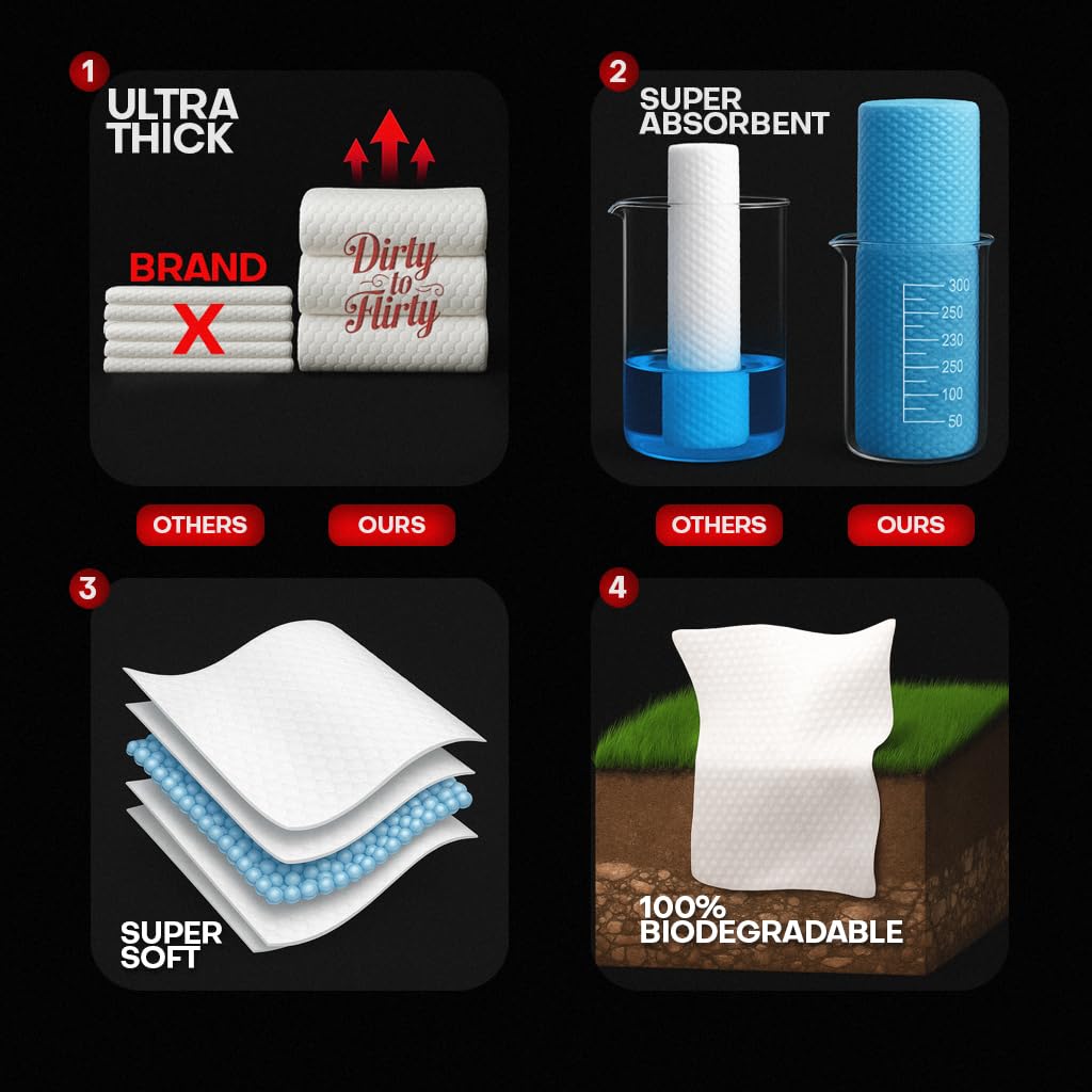 Dirty to Flirty Toallas Faciales | Toallitas Faciales Extra Suaves Y Extra Gruesas Tamaño Xl 8X8 | Toallitas Faciales Desechables Para Piel Sensible | Toallitas Faciales Secas Para Desmaquillar, Viaja