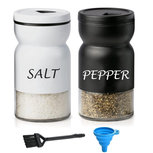 Juego de salero y pimentero de vidrio, botella de vidrio con tapa giratoria ajustable, con embudo y cepillo, accesorio de mesa para sal y pimienta (Cilíndrico)