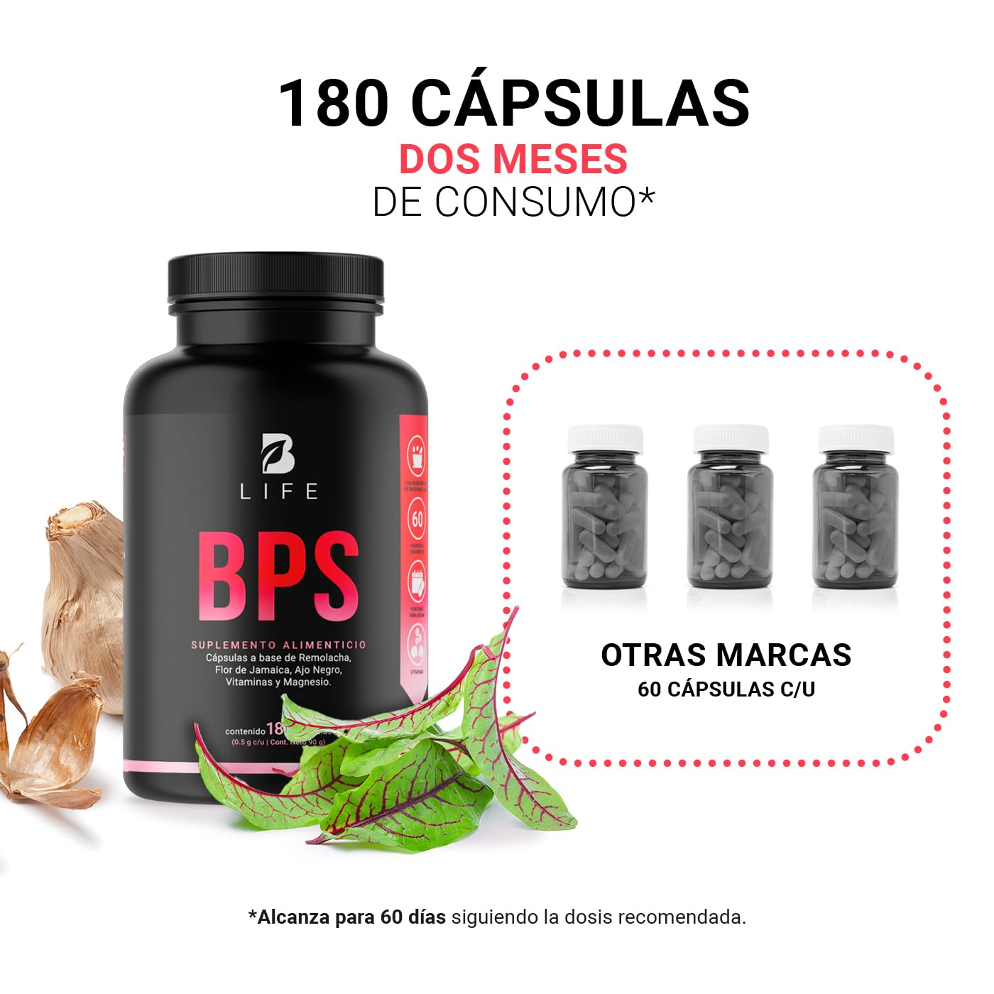 BPS con 180 Cápsulas. 1500 mg por porción de Betabel (Remolacha), Flor de Jamaica, Ajo Negro, Vitaminas y Magnesio. Ingredientes Naturales. BPS B Life.